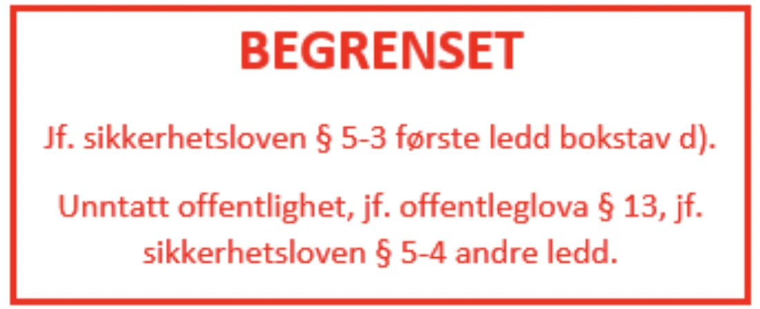 Graderingsmerking: BEGRENSET, jf. sikkerhetsloven paragraf 5-3 første ledd bokstav d, unntatt offentlighet jf. offentleglova paragraf 13.