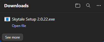 The Edge download list with Skytale Setup 2.0.22.exe and the Open file link.