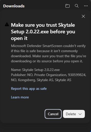 Microsoft Defender SmartScreen asks you to make sure you trust Skytale Setup 2.0.22.exe. Publisher is Skytale AS, Kongsberg. The buttons are Cancel and Delete, with an arrow for more options.