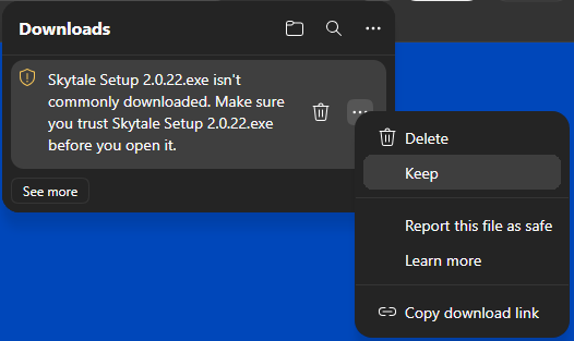 The three-dot menu with Delete, Keep, Report this file as safe, Learn more and Copy download link. Keep is highlighted.