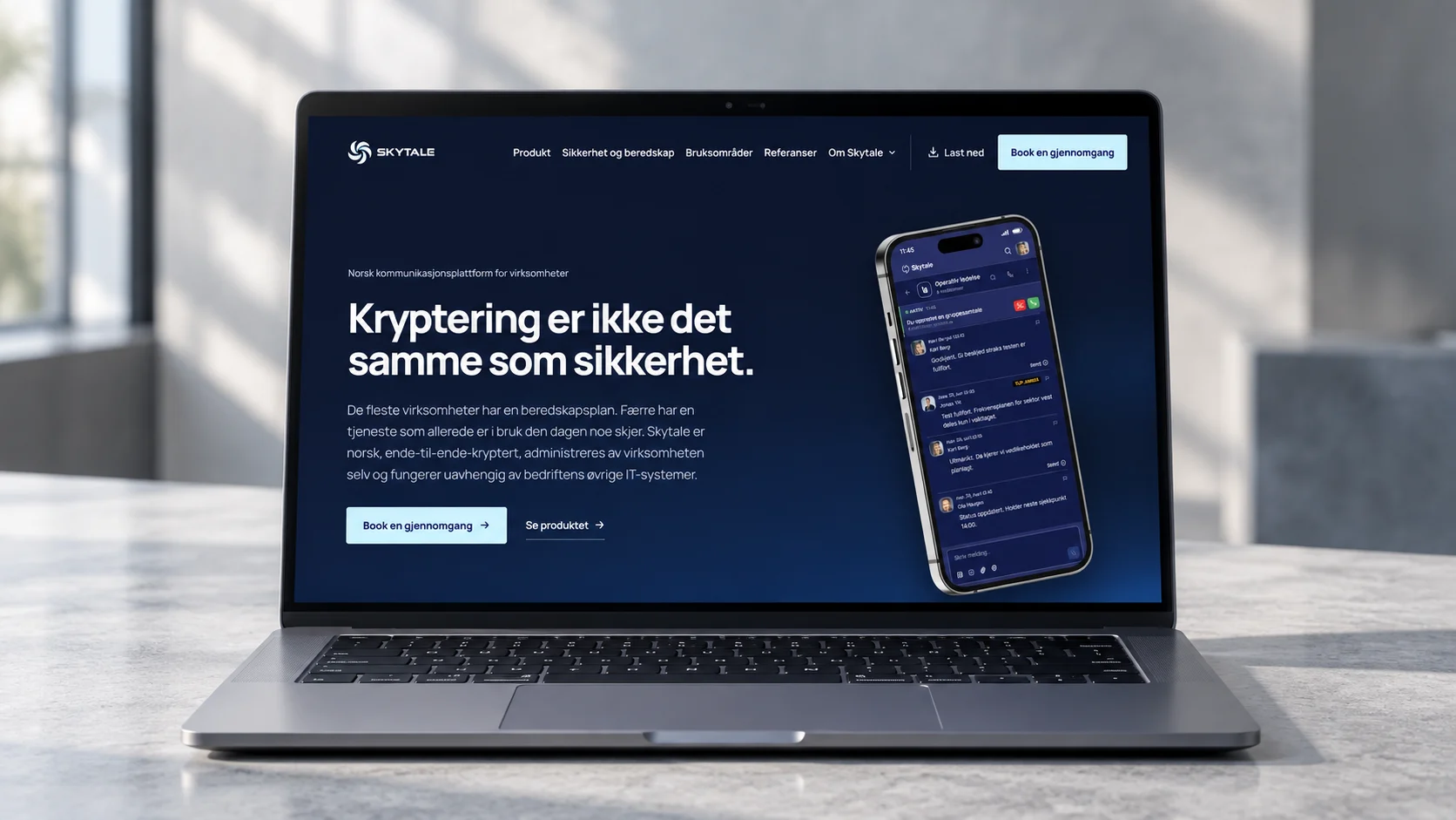 Skytales nye nettside vist på en bærbar datamaskin.