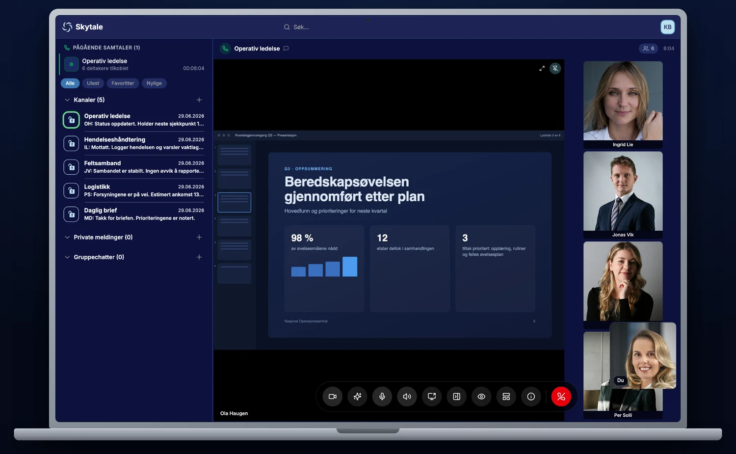 Skytale 2.0 på en bærbar datamaskin, med skjermdeling i en samtale i Operativ ledelse.