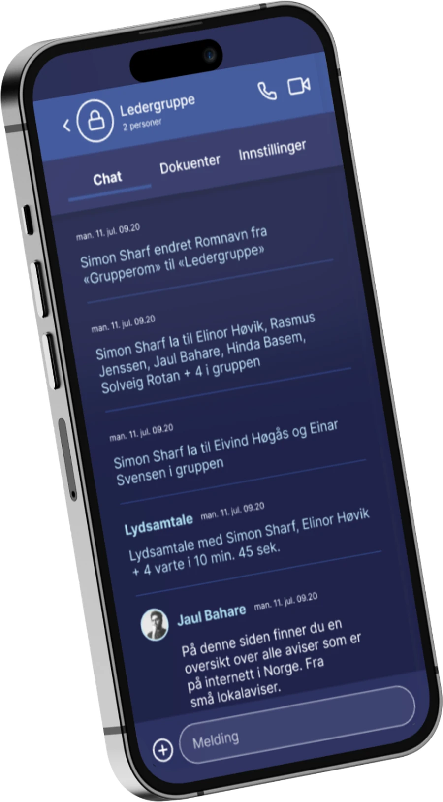 Et rom for ledergruppen i Skytale med chat, dokumenter og samtaler.