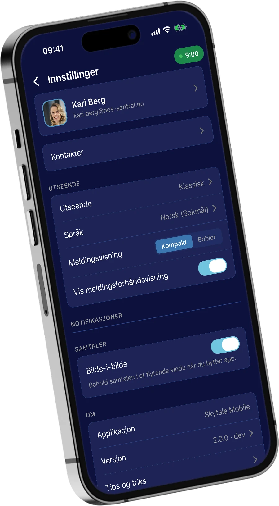 Innstillinger i Skytale for profil, utseende, språk, meldingsvisning og bilde-i-bilde.