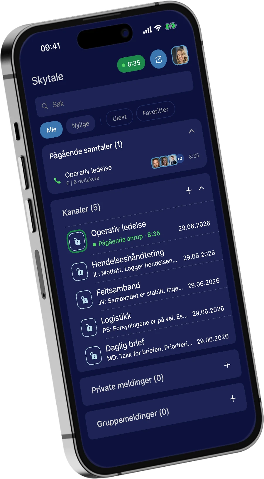 Kanallisten i Skytale 2.0, med en pågående samtale i Operativ ledelse.