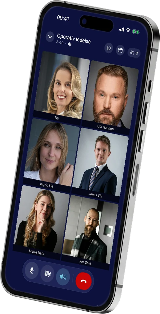 Gruppesamtale med video i Skytale 2.0, med seks deltakere i Operativ ledelse.