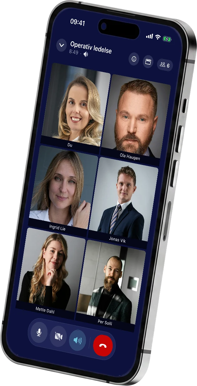 Gruppesamtale med video i Skytale 2.0, med seks deltakere i Operativ ledelse.