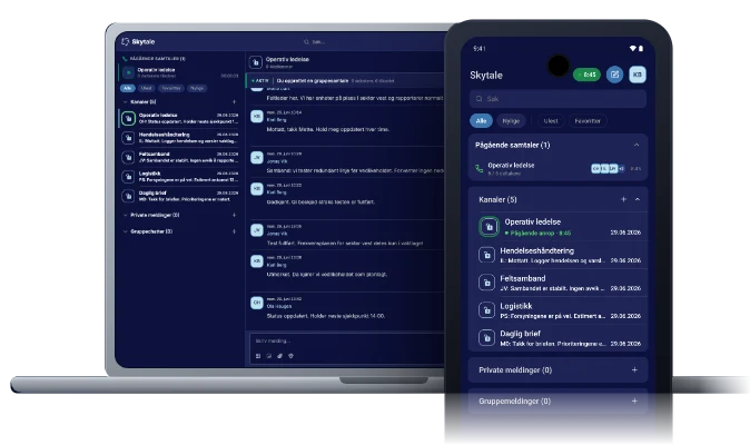 Skytale 2.0 på desktop og mobil, med kanallisten og en pågående samtale i Operativ ledelse.